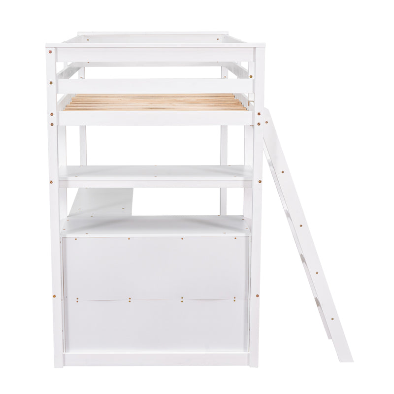 Twin Size Loft Bed with Desk and Shelves, Two Built-in Drawers, White (old SKU: GX000803AAK-1)