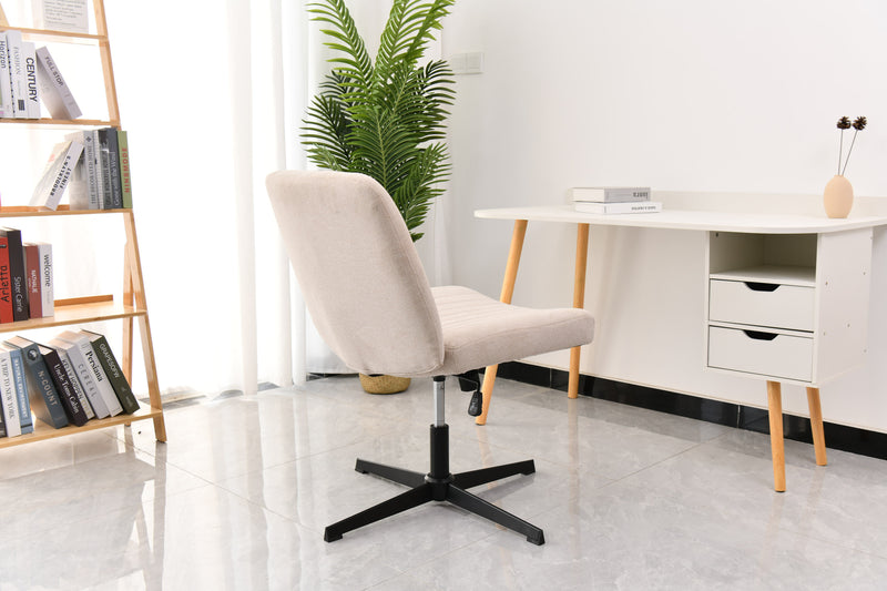 Cross Legged Office Chair, Wide Comfty Desk Chair, Vanity Home Chair No Wheels Armless Computer Task Chair, Swivel And Height Adjustable - Beige