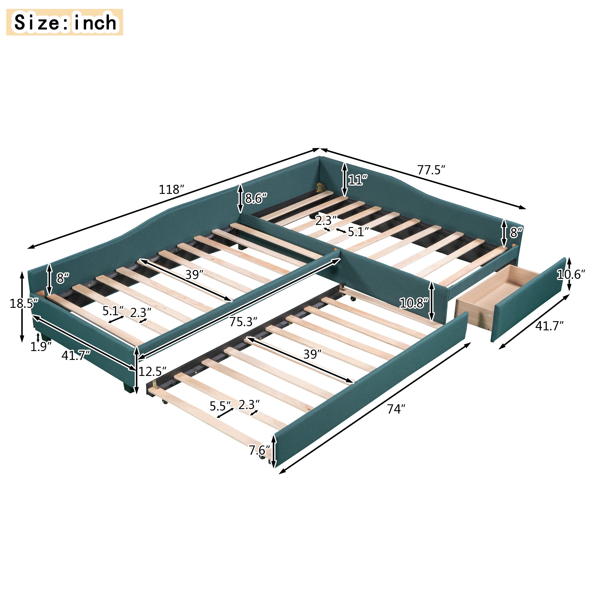 Upholstered Double Twin Size Daybed with Trundle and Drawer, Green - Atlantic Fine Furniture Melbourne FL