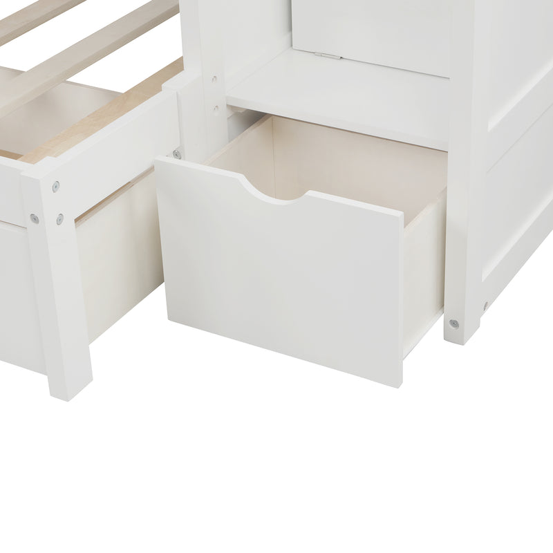 Twin over Full/Twin Bunk Bed, Convertible Bottom Bed, Storage Shelves and Drawers, White