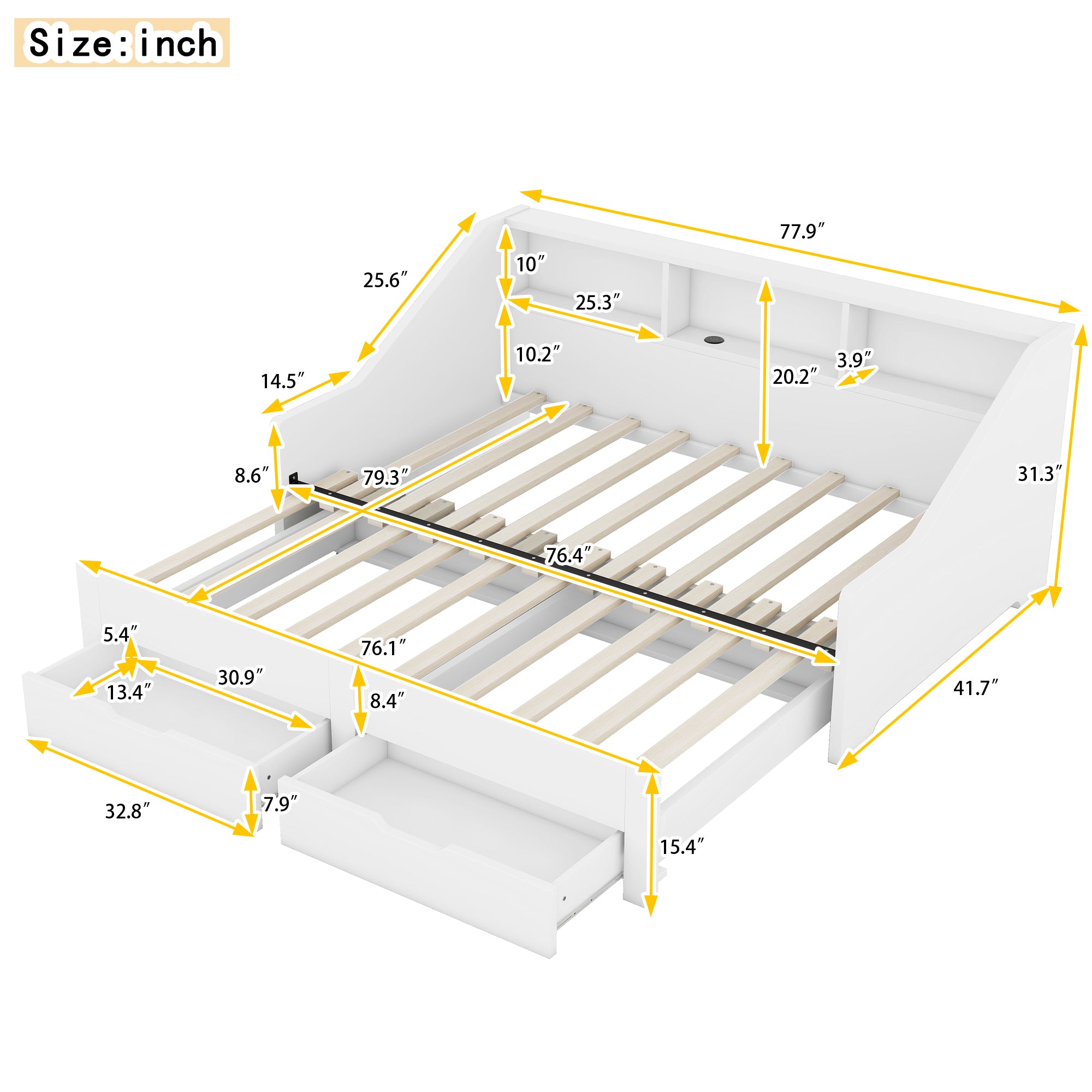 Twin to King Size Daybed Frame with Storage Bookcases and Two Drawers,Charging Design,White - Atlantic Fine Furniture Melbourne FL