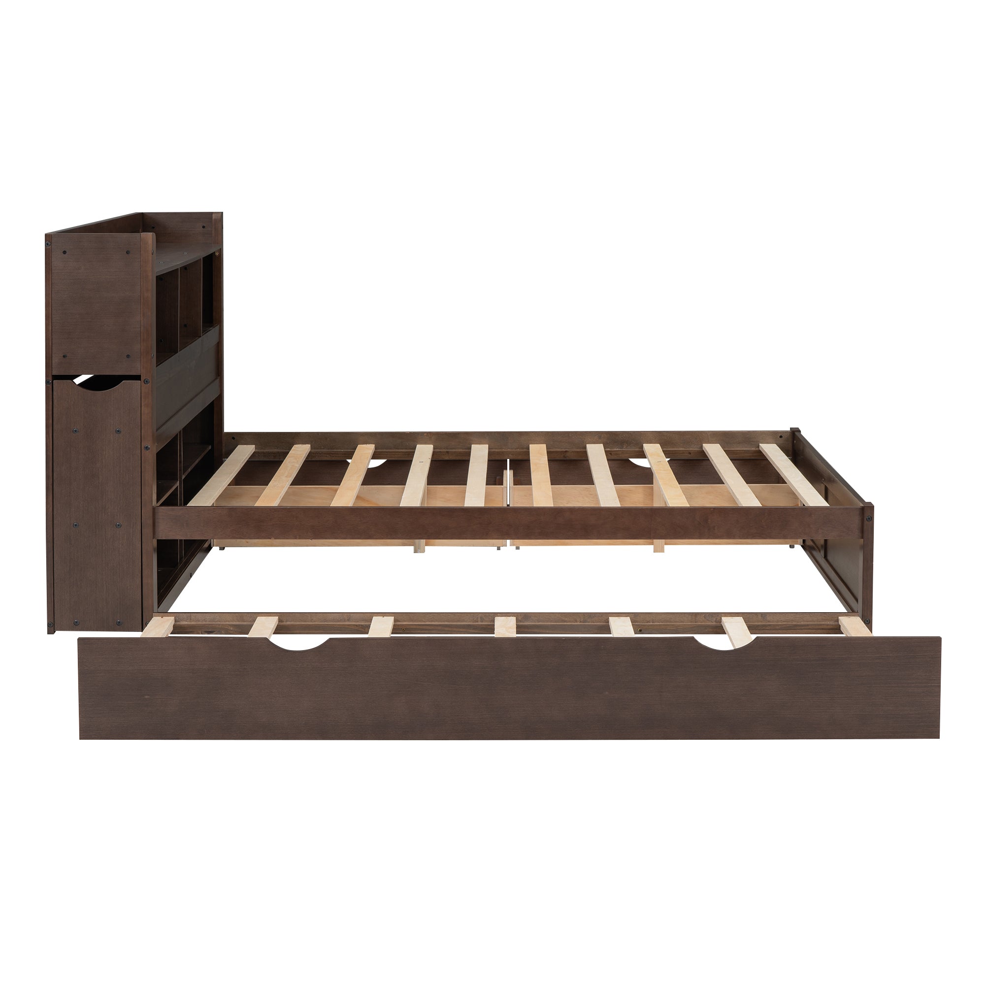Full Size Storage Platform Bed with Pull Out Shelves, Twin Size Trundle and 2 Drawers, Espresso - Atlantic Fine Furniture Melbourne FL