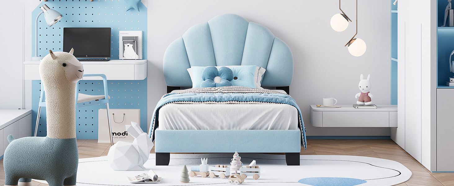 Twin Size Upholstered Velvet Platform Bed with Shell-Shaped Headboard, Blue - Atlantic Fine Furniture Melbourne FL