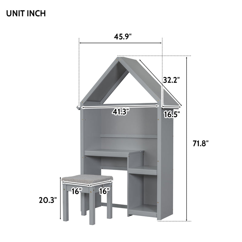 House-Shaped Kids Desk With A Cushion Stool, House-Style Desk And Stool Set