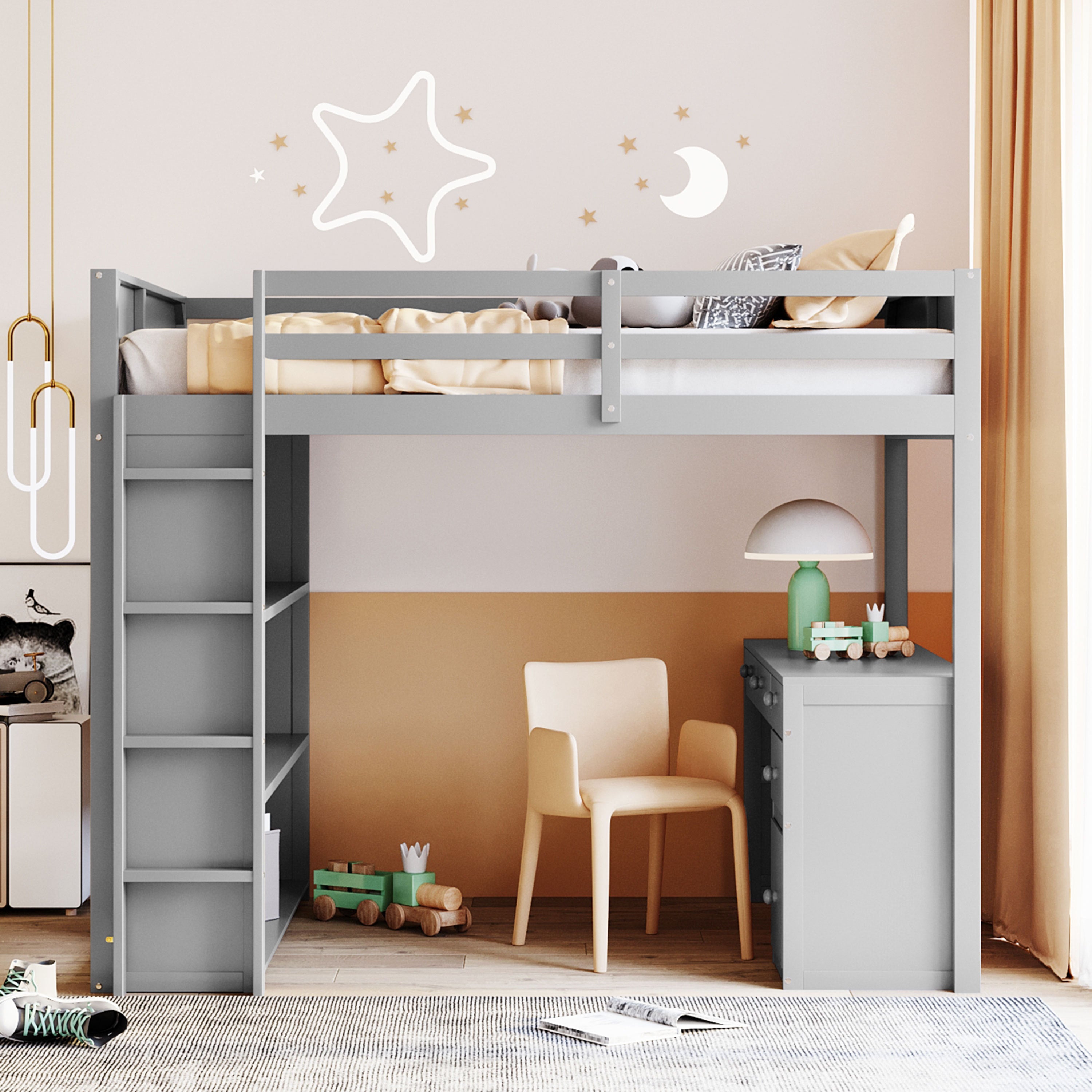 Full Size Loft Bed with Ladder, Shelves, and Desk, Gray - Atlantic Fine Furniture Melbourne FL