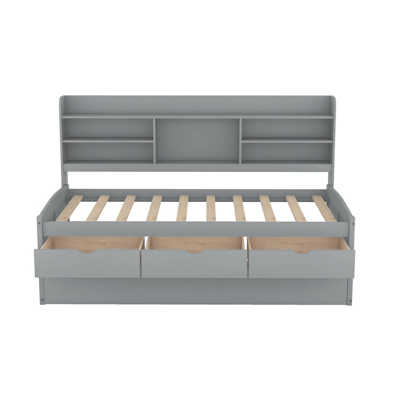 Twin Size Wooden Captain Bed with Built-in Bookshelves,Three Storage Drawers and Trundle,Light Grey