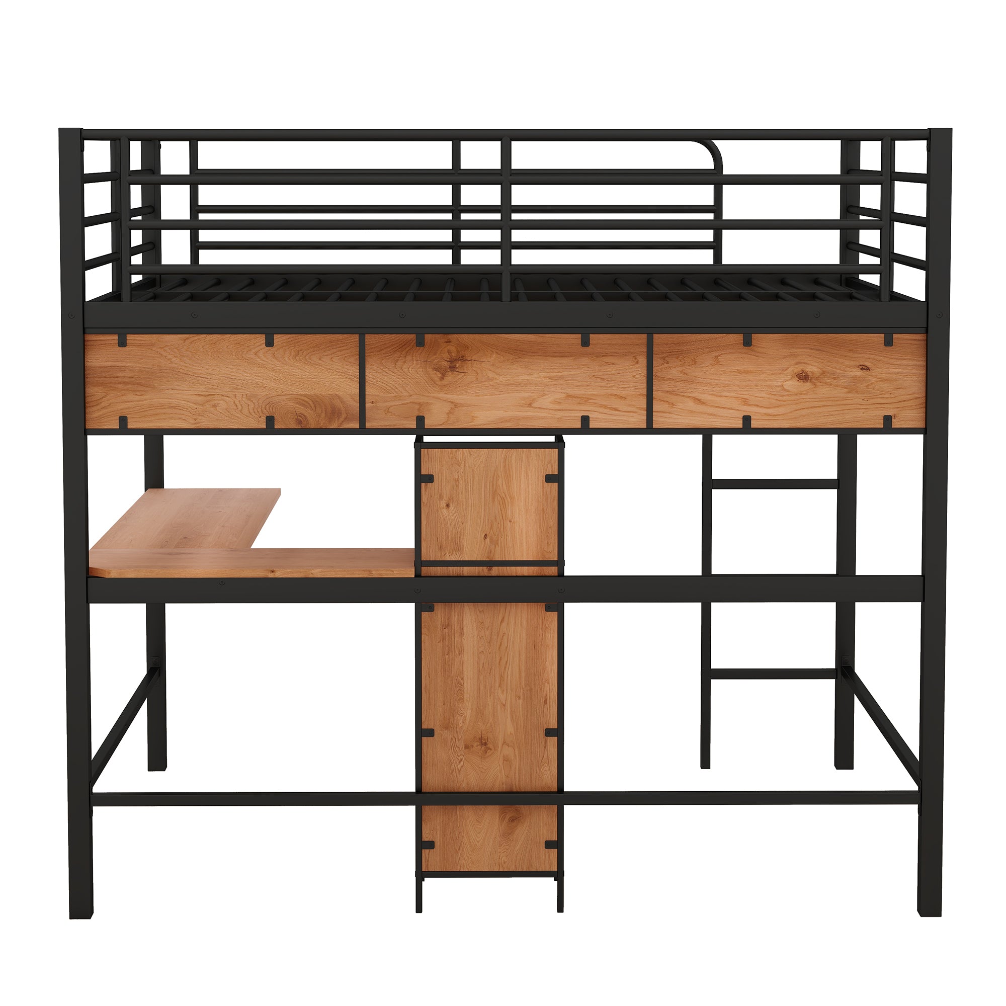 Full Size Metal & Wood Loft Bed with L -shaped desk and shelves, Black and Brown