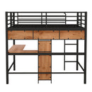 Full Size Metal & Wood Loft Bed with L -shaped desk and shelves, Black and Brown
