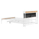 Queen Size Metal Platform Bed Frame with Twin size trundle, Upholstered headboard, Sockets, USB Ports and Slat Support, No Box Spring Needed, White