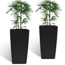 Elegant Square Planter With Automatic Watering System, Faux Rattan Design, Polypropylene (Set of 2) - Black