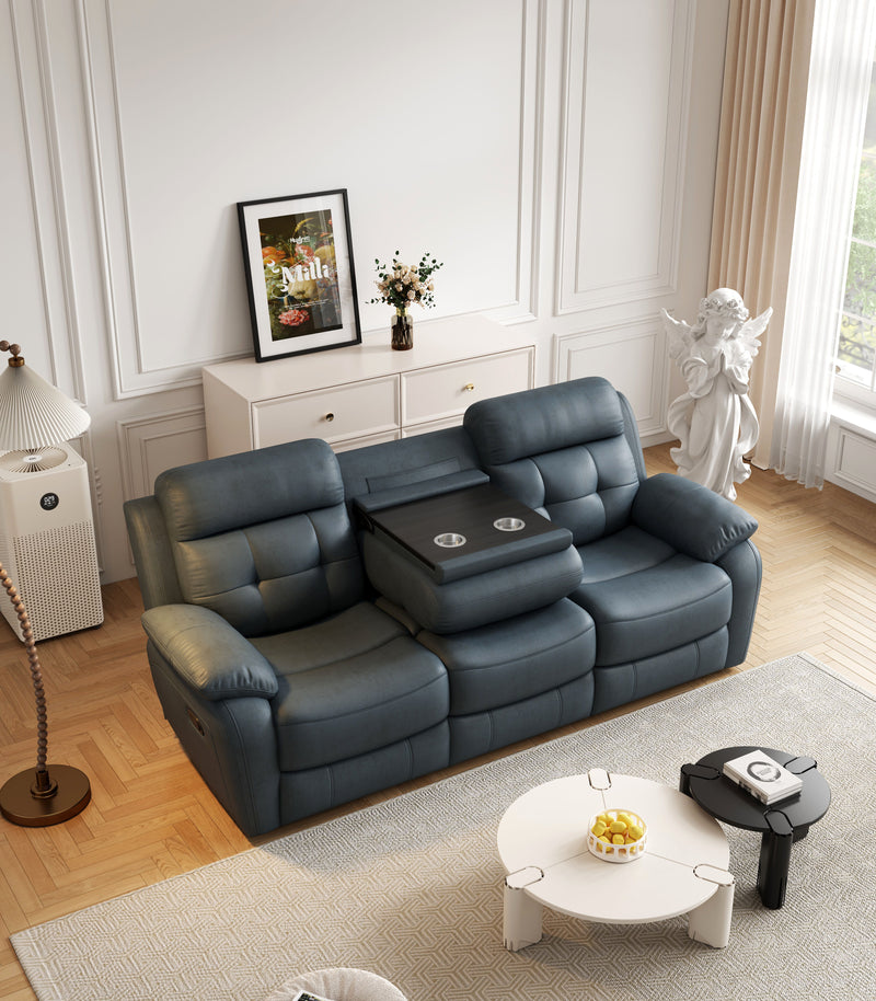 Genuine Leather Non-Power Reclining Sofa With Drop Down Table, Stainless Steel Cupholders And Magazine Bag