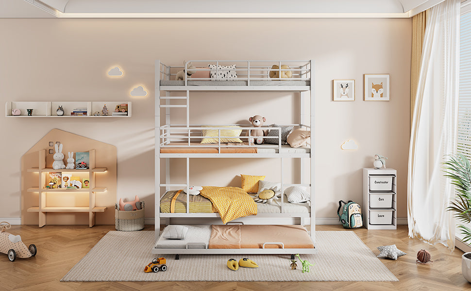 Metal Twin Size Triple Bunk Bed With Trundle, White