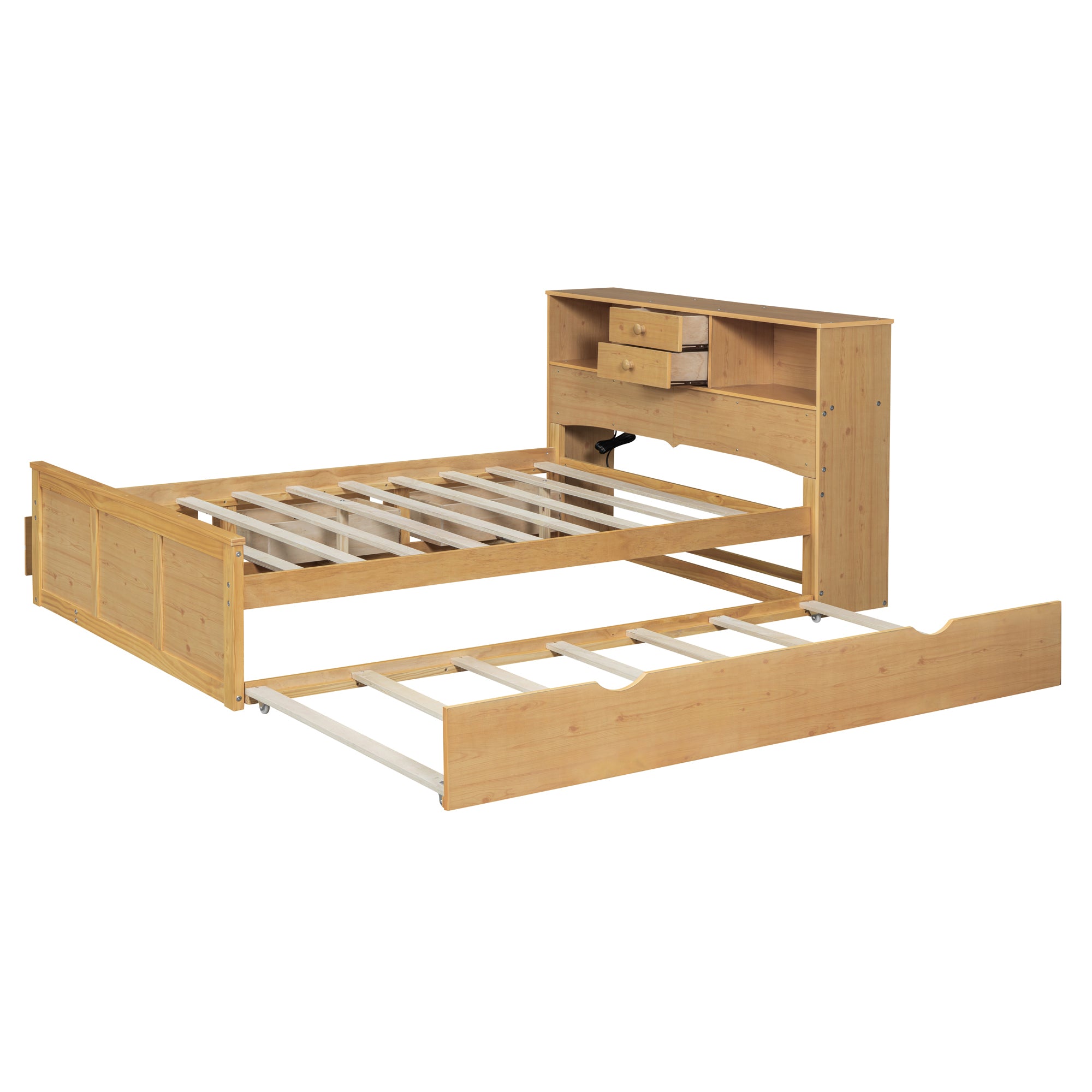 Full Size Wood Pltaform Bed with Twin Size Trundle, 3 Drawers, Upper Shelves and a set of USB Ports & Sockets, Natural - Atlantic Fine Furniture Melbourne FL