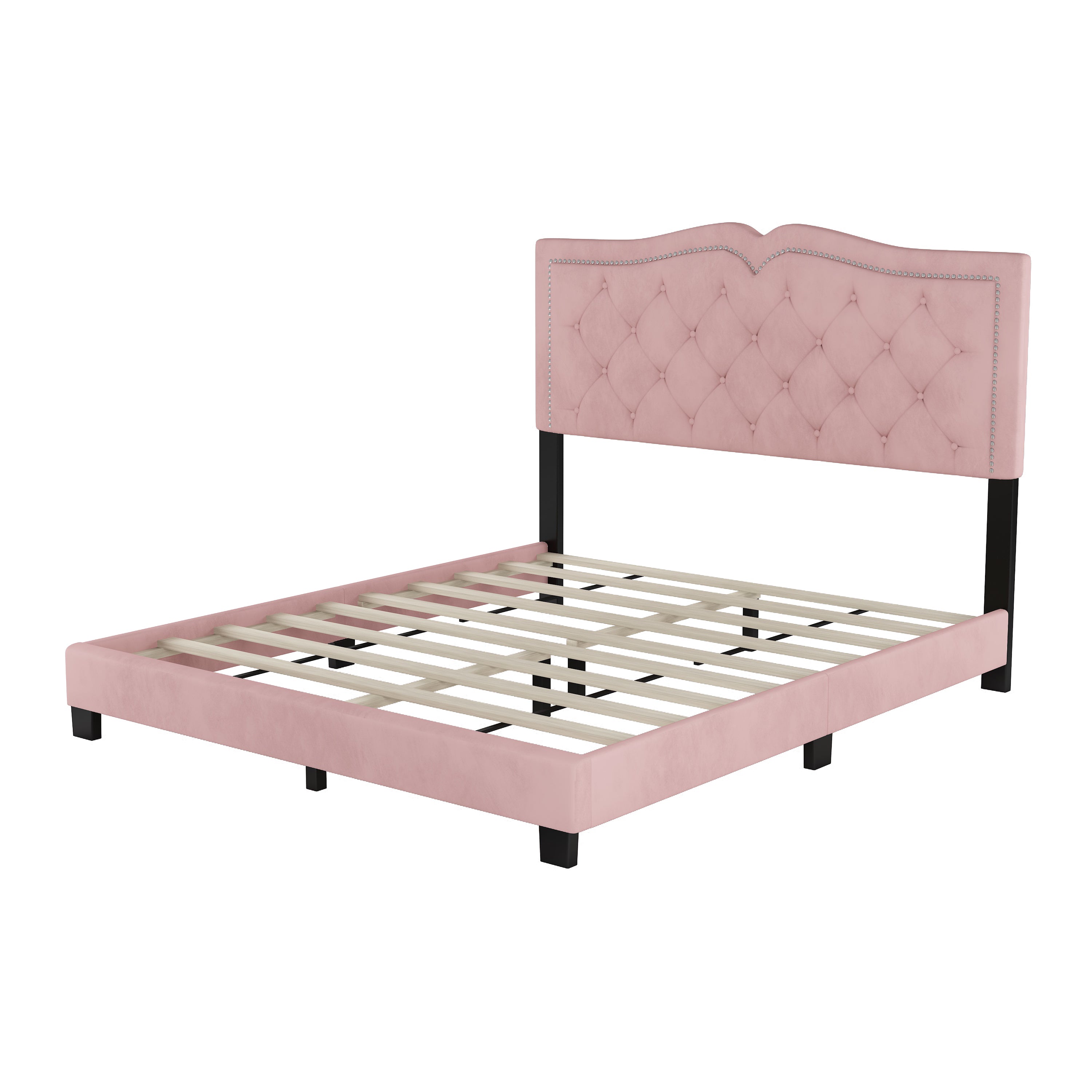 Queen Size Upholstered Bed Frame with Rivet Design, Modern Velvet Platform Bed with Tufted Headboard,Pink - Atlantic Fine Furniture Melbourne FL