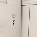 Vanity Table With Mirror, Adjustable LED Lights, Power Outlet, Hairdryer Holder & Stool