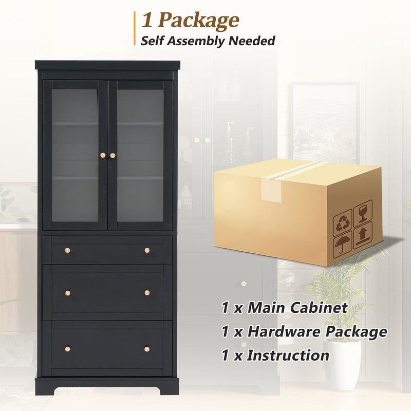 Freestanding Tall Bathroom Cabinet With Adjustable Shelves, Drawers, Soft Close Glass Doors - Black