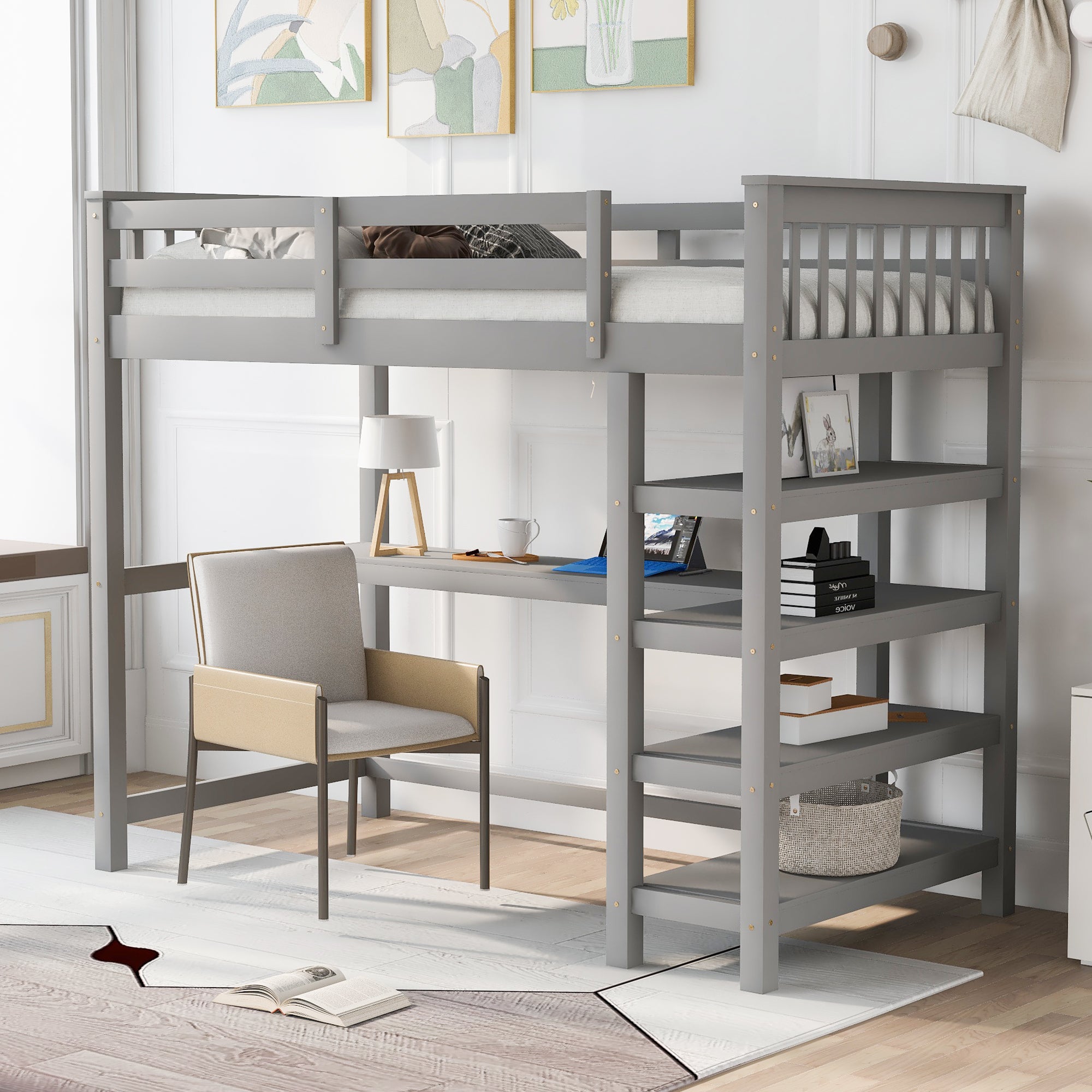 Twin Size Loft Bed with Storage Shelves and Under-bed Desk, Gray(OLD SKU:SM000245AAE-1) - Atlantic Fine Furniture Melbourne FL