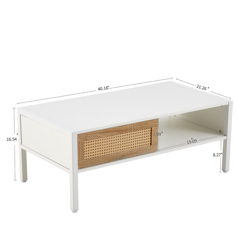 40.16" Rattan Coffee Table, Sliding Door For Storage, Metal Legs, Modern Table For Living Room