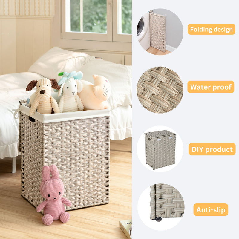 Laundry Hamper With Lid PE Rattan Powder Coating Frame Clothes Hampers With 2 Removable Bags