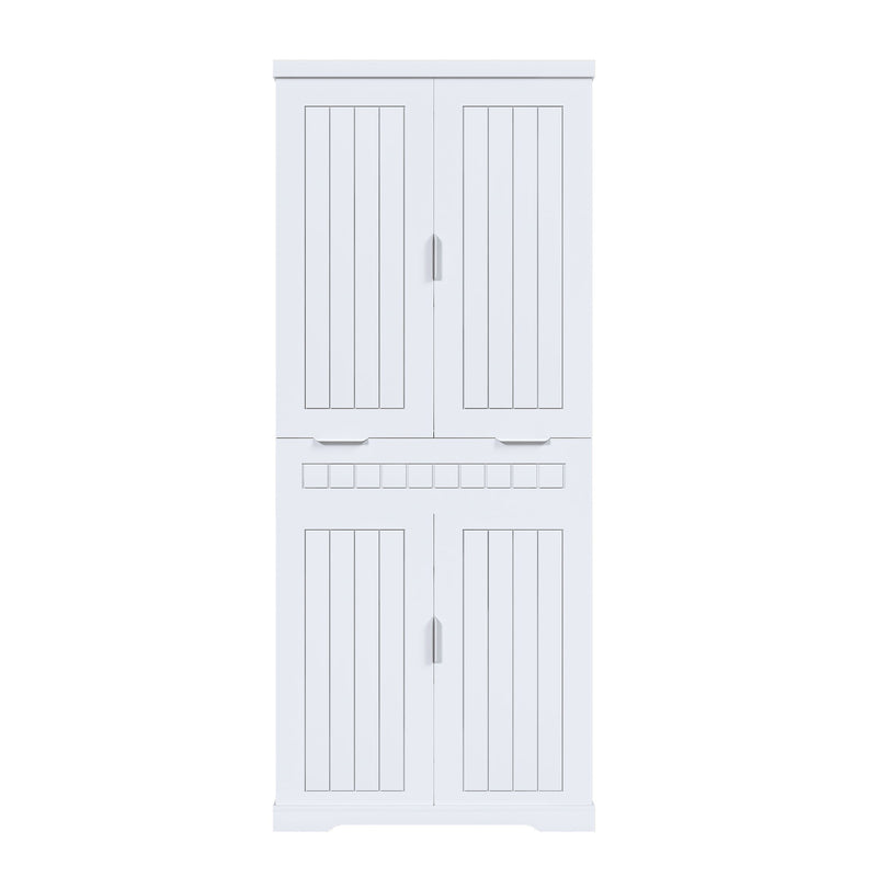 Farmhouse Style Pantry Cabinet With Drawer 2 Cabinets & 6 Door Shelves Adjustable Shelves Freestanding Cupboard - White