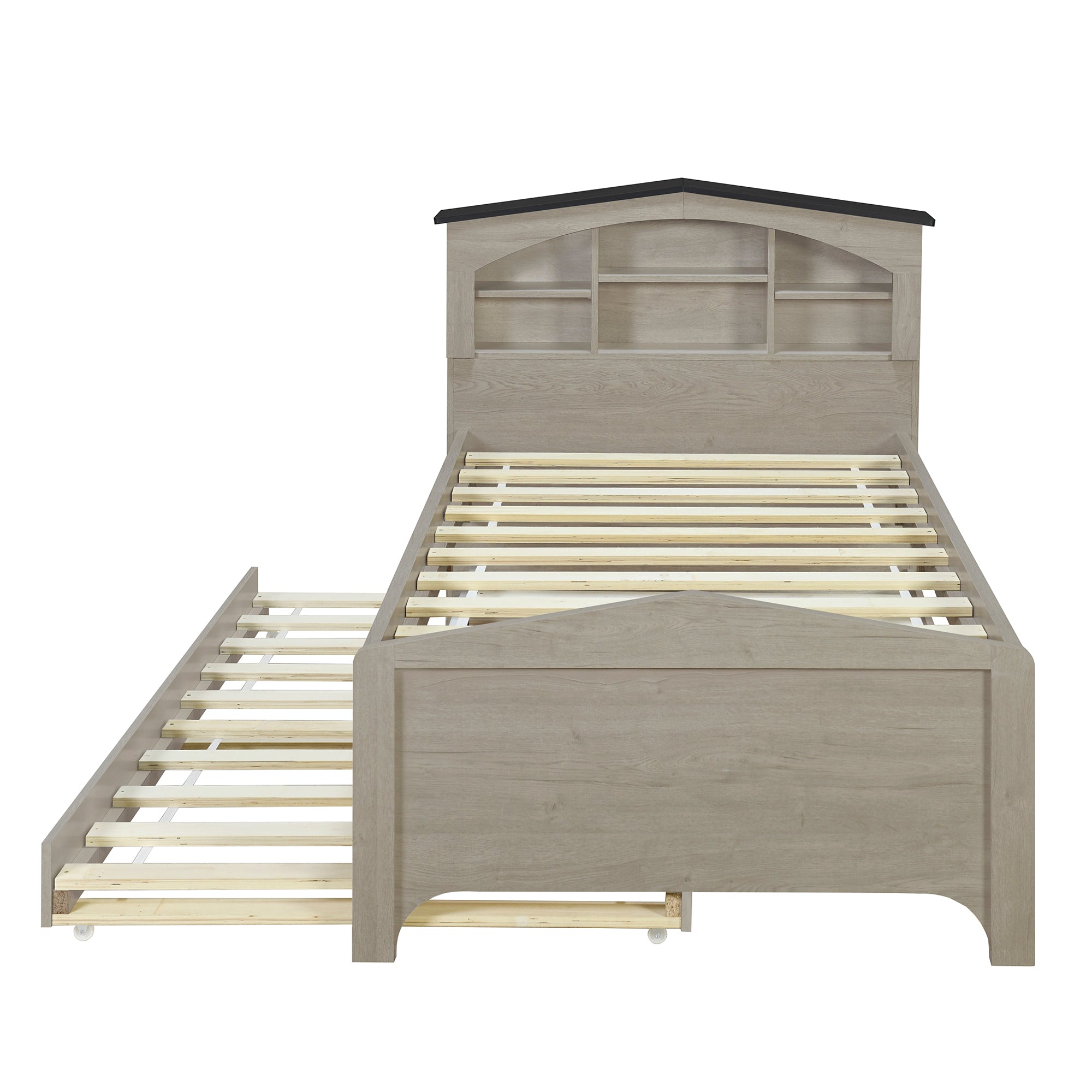 Twin Size Wood Platform Bed with House-shaped Storage Headboard and Trundle, Gray - Atlantic Fine Furniture Melbourne FL