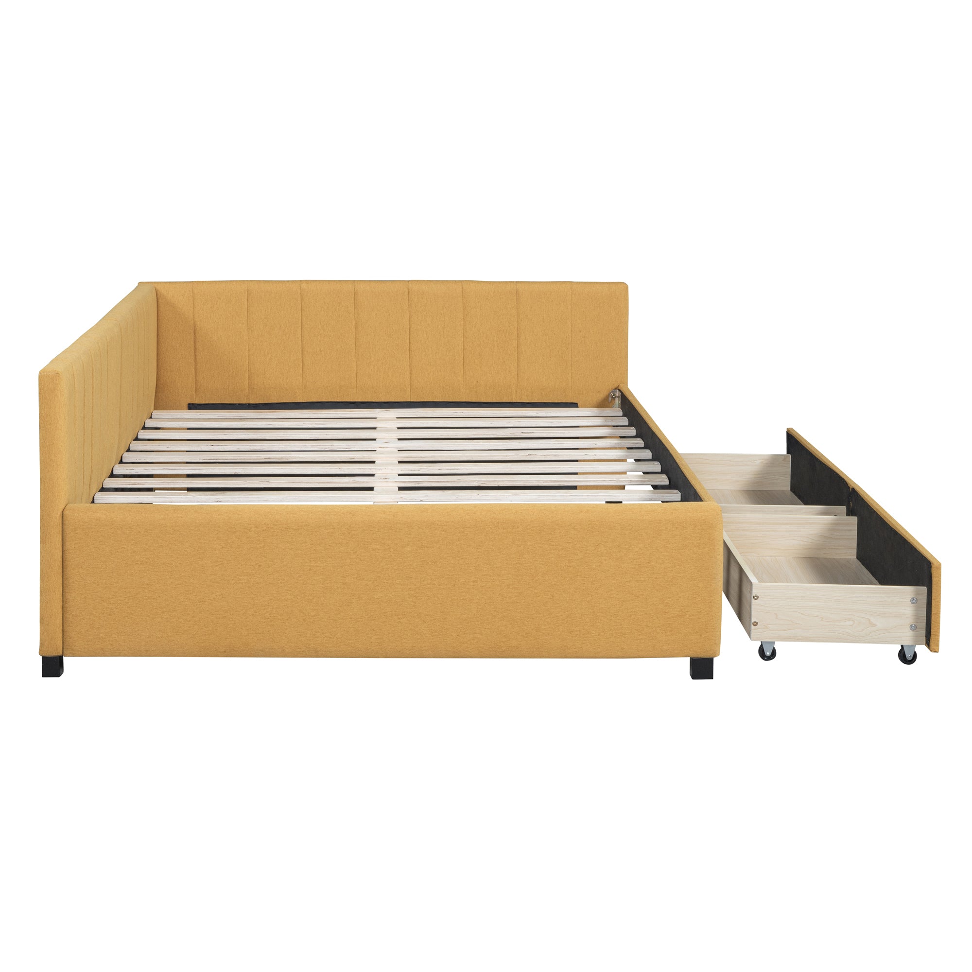 Full Size Upholstered Daybed with 2 Storage Drawers Sofa Bed Frame No Box Spring Needed, Linen Fabric (Yellow) - Atlantic Fine Furniture Melbourne FL