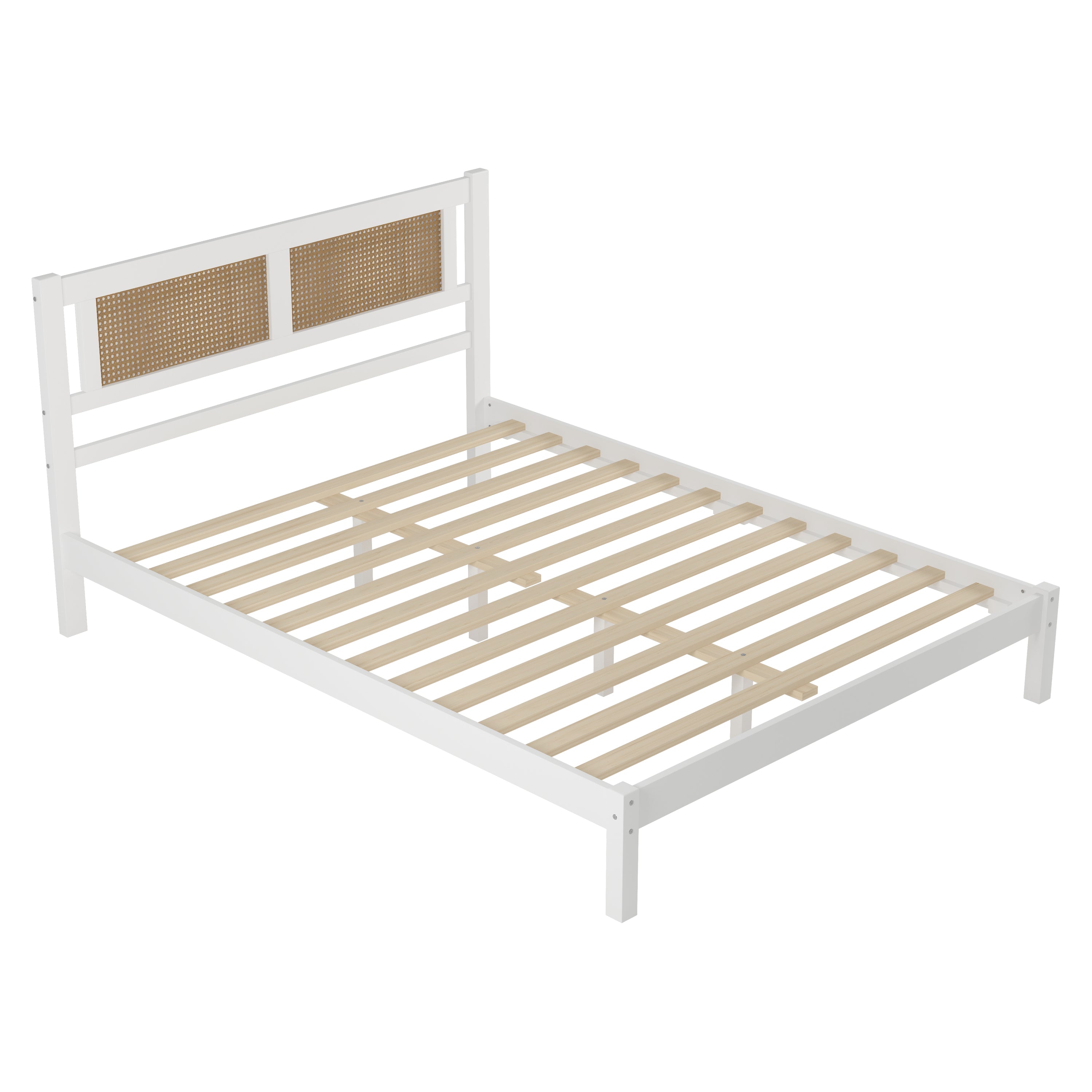 Queen Size Wood Platform Bed with Natural Rattan Headboard,Exquisite Elegance with Minimalist Charm for Bedroom,White - Atlantic Fine Furniture Melbourne FL
