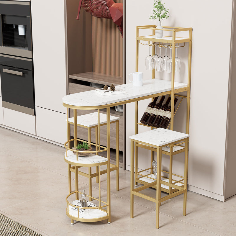 3 Piece Bar Table And Chairs Set, Modern Kitchen Bar Height Dining Table Wood Breakfast Pub Table With Base With Shelves, Glass Rack, Wine Bottle Rack, With 2 Bar Stools - White / Gold