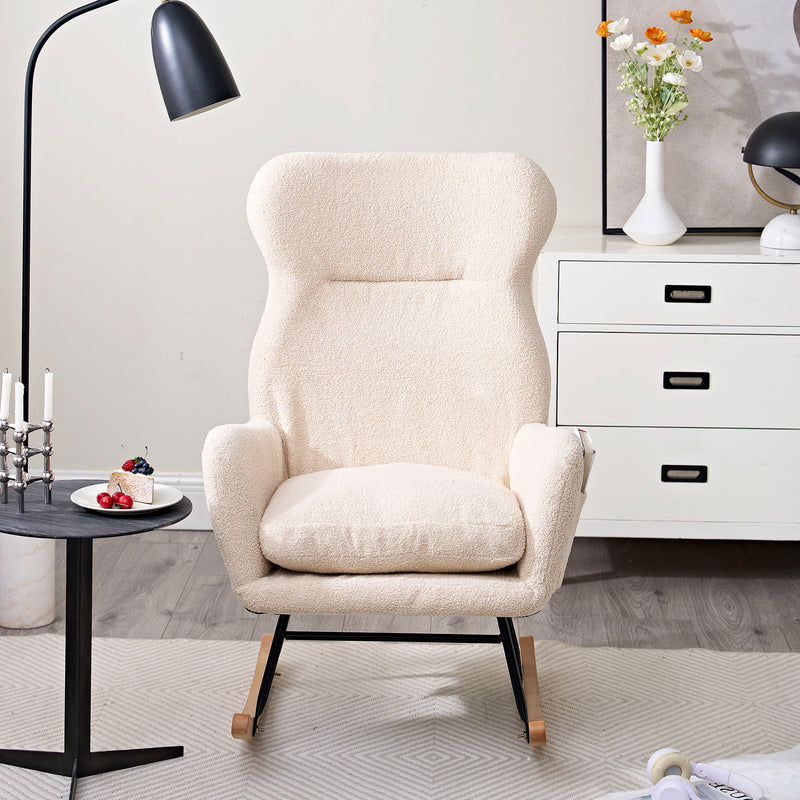 Modern Teddy Fabric Rocking Chair With High Backrest And Armrests Lounge Accent Chair For Living Room - Beige