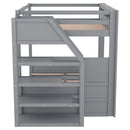 Wood Full Size Convertible Bunk Bed With Storage Staircase, Bedside Table, And 3 Drawers - Gray