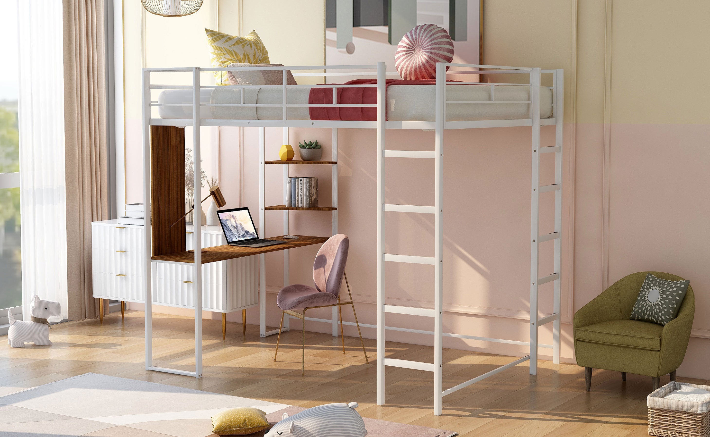 Full Size Metal Loft Bed with 2 Shelves and one Desk ,White (Old SKU: LP000191AAK ) - Atlantic Fine Furniture Melbourne FL