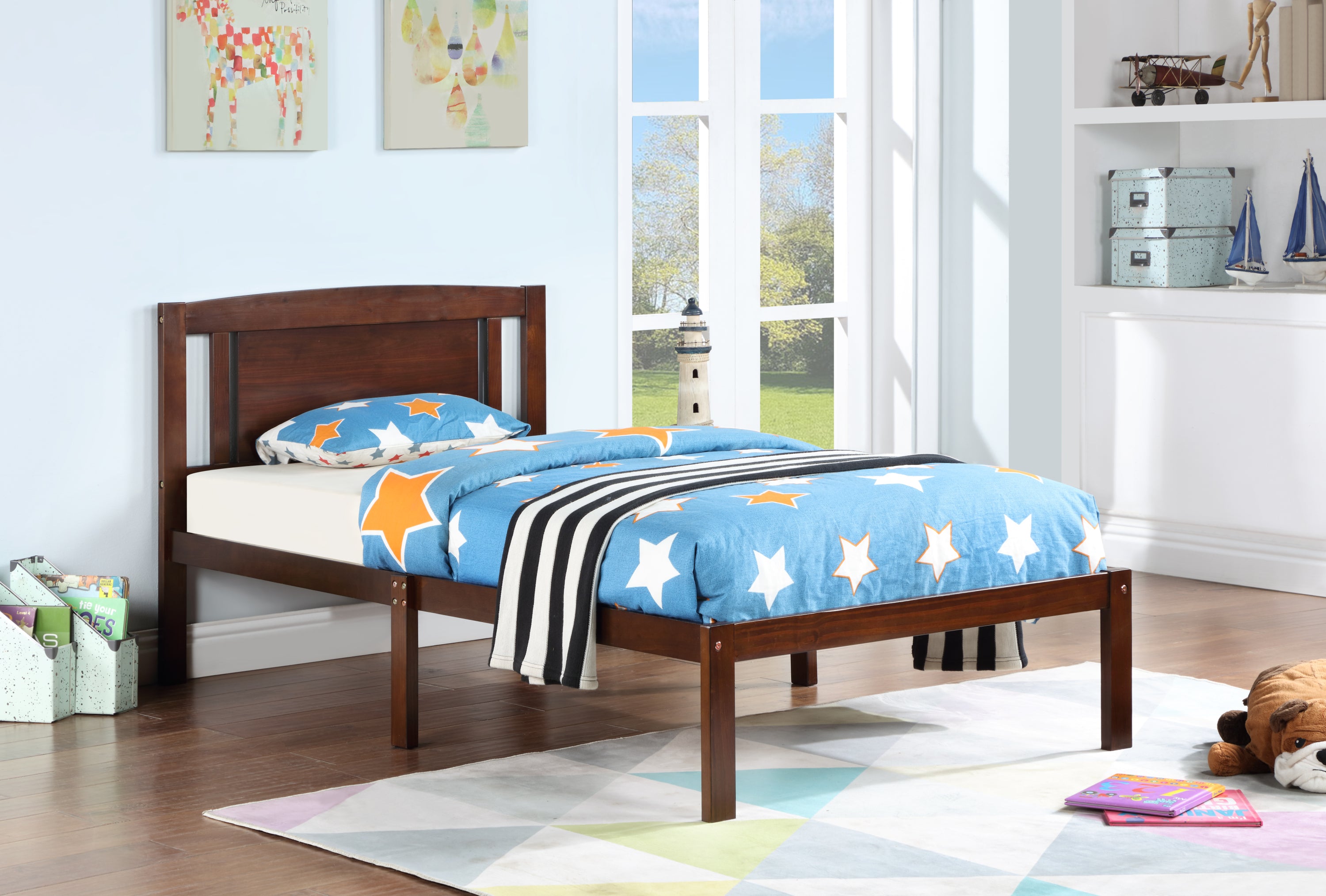 Twin Size Bed, Wood Platform Bed Frame with Headboard For Kids, Slatted, Dark Walnut - Atlantic Fine Furniture Melbourne FL