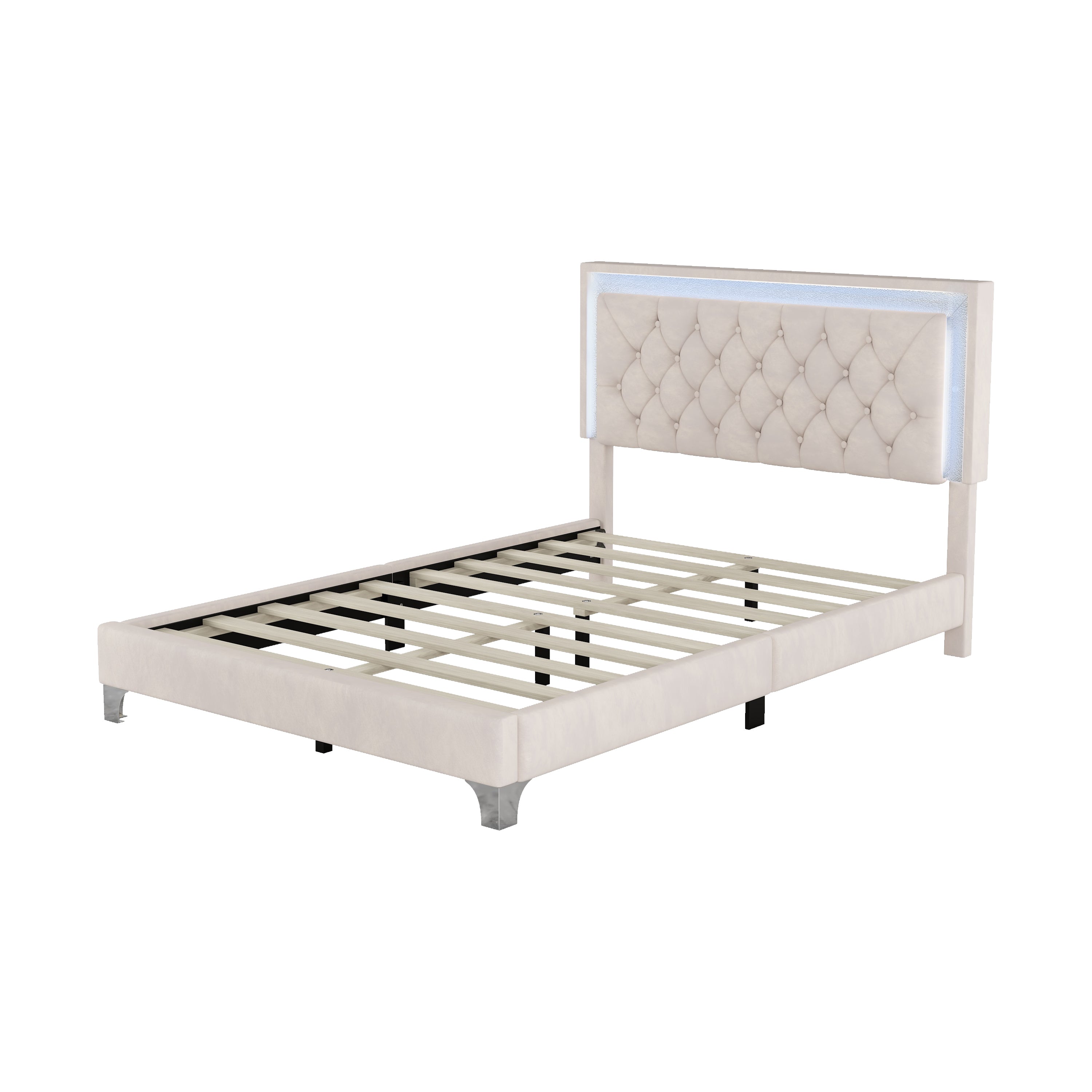 Full Size Upholstered Bed Frame with LED Lights,Modern Velvet Platform Bed with Tufted Headboard,Beige - Atlantic Fine Furniture Melbourne FL