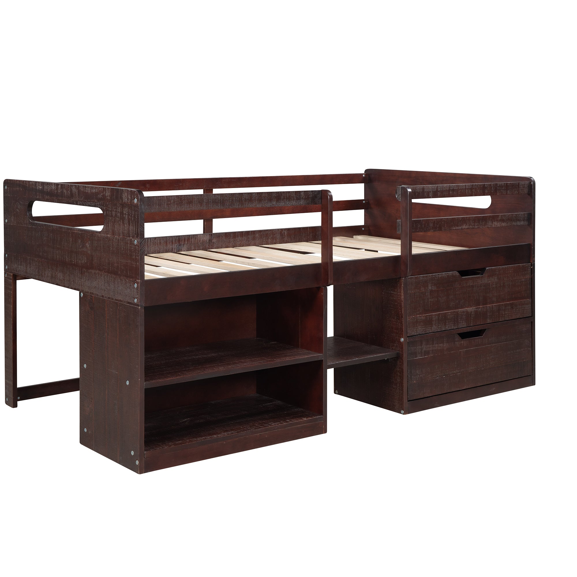 Twin size Loft Bed with Two Shelves and Two drawers (Antique Espresso) - Atlantic Fine Furniture Melbourne FL
