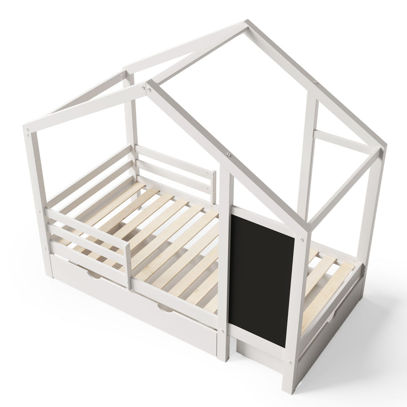 Twin House Bed With Blackboard And Drawers, 2 Assembly Options - White