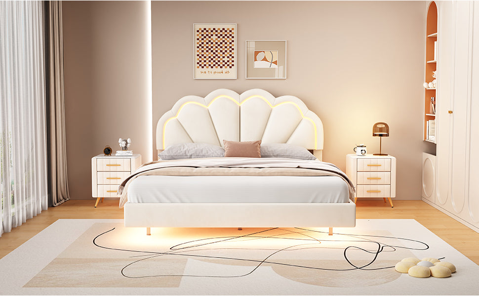 Queen Upholstered Smart LED Bed Frame with Elegant Flowers Headboard,Floating Velvet Platform LED Bed with Wooden Slats Support,Beige - Atlantic Fine Furniture Melbourne FL
