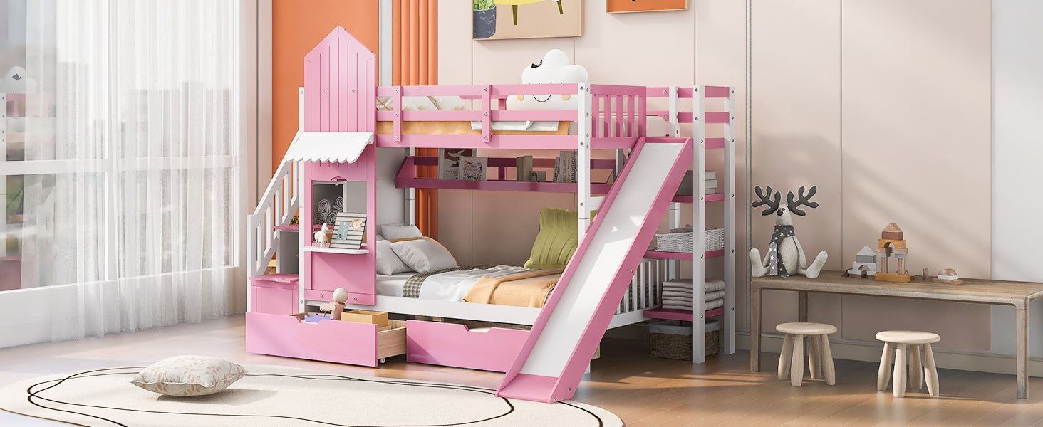 Twin-Over-Twin Castle Style Bunk Bed with 2 Drawers 3 Shelves and Slide - Pink - Atlantic Fine Furniture Melbourne FL