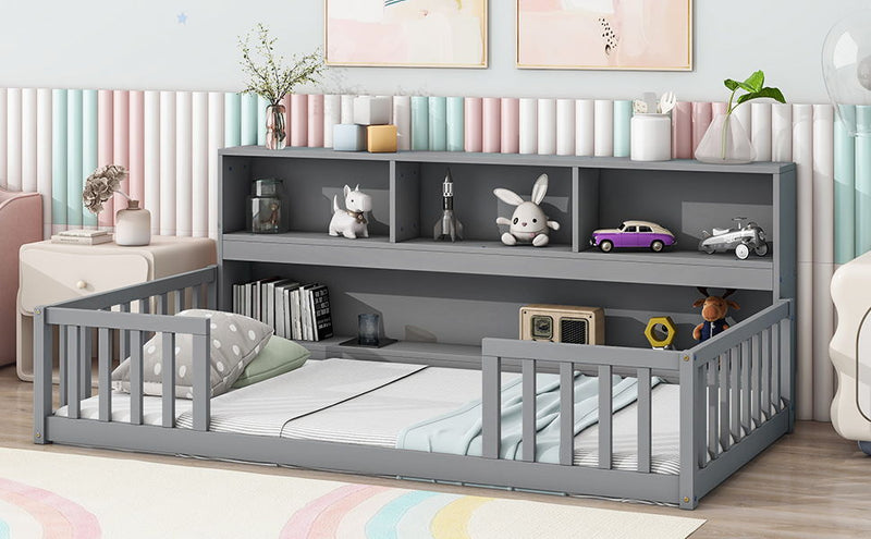 Floor Bed With Bedside Bookcase, Shelves, Guardrails