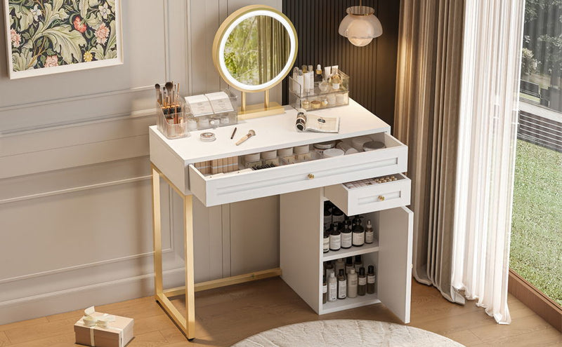 Makeup Vanity Desk With Lighted Mirror, Luxury Dressing Table With 2 Drawers And 1 Cabinet, 3 Lighting Modes Available For Bedroom - White / Gold