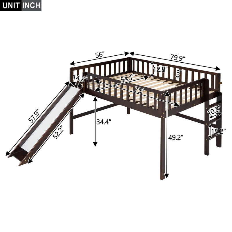 Full Size Low Loft Bed with Ladder and Slide,Espresso