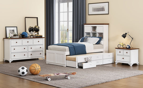 3 Pieces Wooden Captain Bedroom Set Twin Bed With Trundle, Nightstand And Dresser - White / Walnut