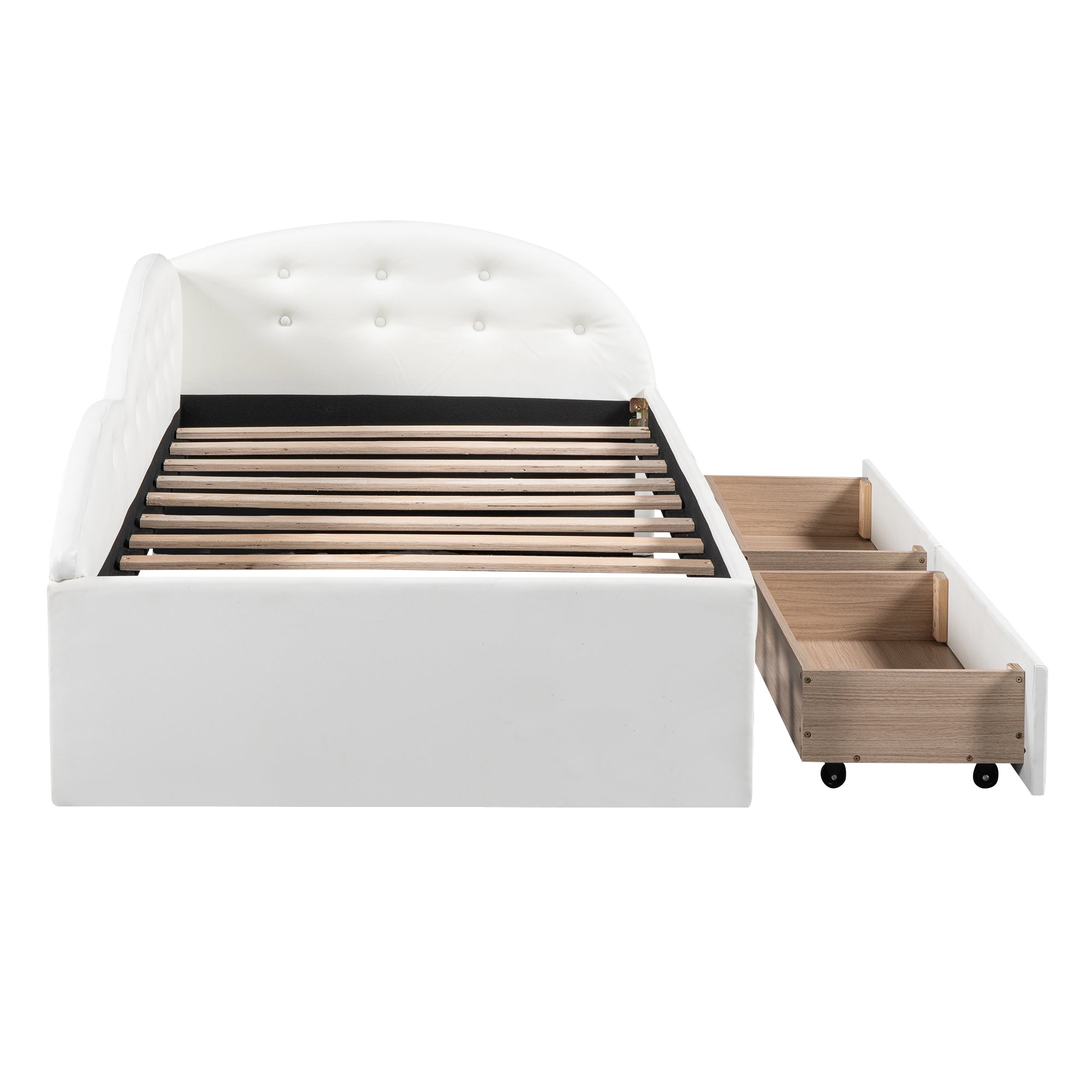 Twin Size PU Upholstered Tufted Daybed with Two Drawers and Cloud Shaped Guardrail, White - Atlantic Fine Furniture Melbourne FL