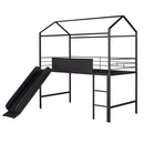 Metal House Bed With Slide, Twin Size Metal Loft Bed with Two-sided writable Wooden Board (Black )