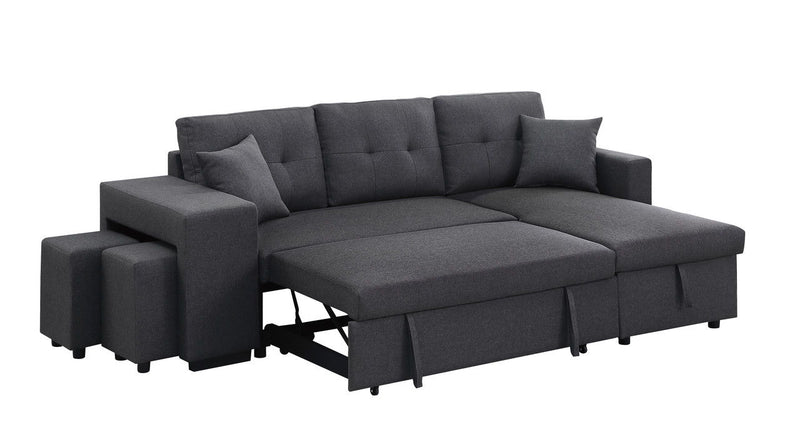 Dennis - Linen Fabric Reversible Sleeper Sectional With Storage Chaise And 2 Stools