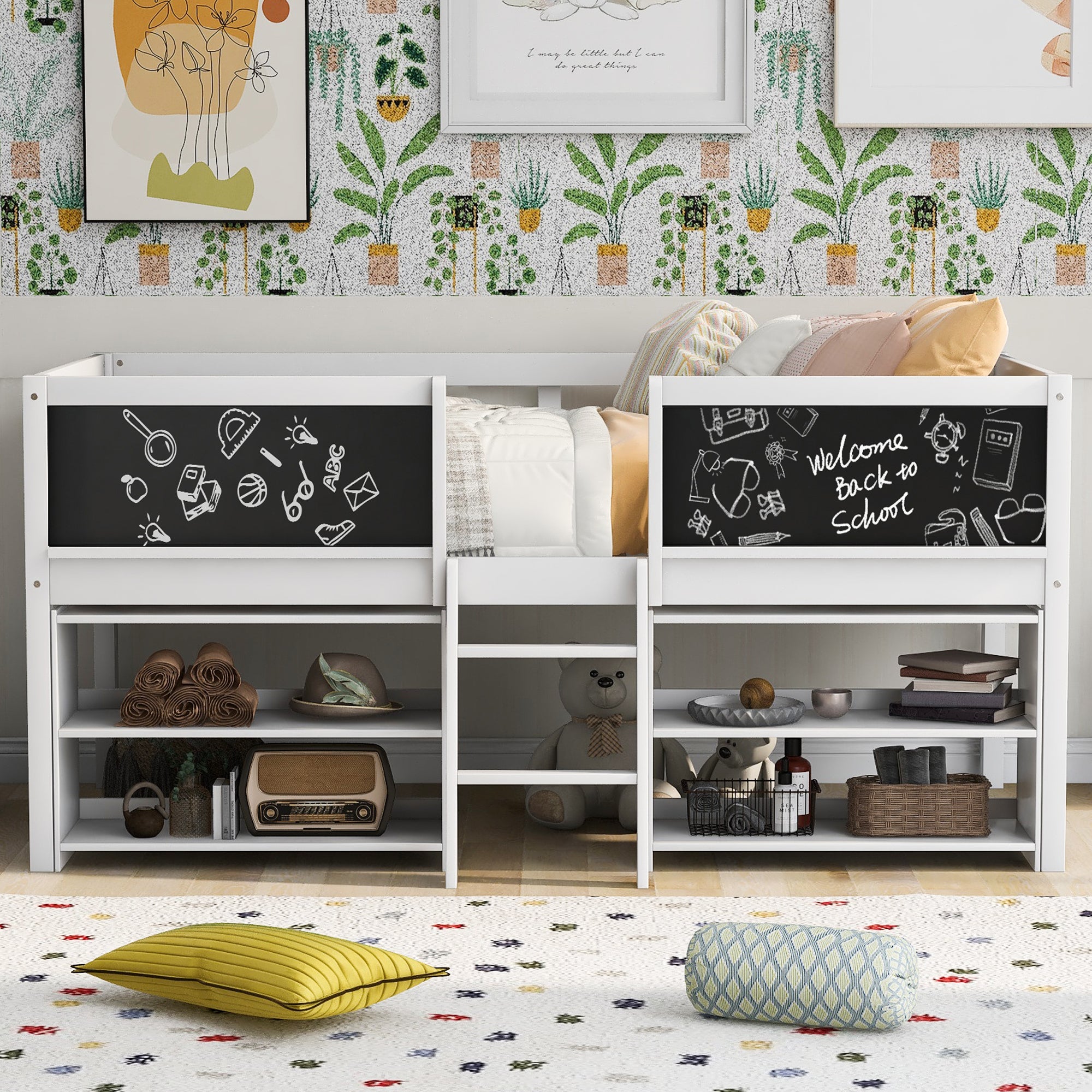 Twin Size Low Loft Bed with Two Movable Shelves and Ladder,with Decorative Guardrail Chalkboard,White(Old SKU: WF283286AAK) - Atlantic Fine Furniture Melbourne FL