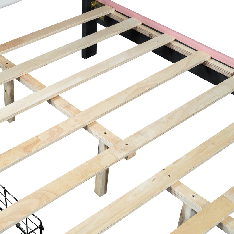 Full Size Princess Bed With Crown Headboard and 2 Drawers, Full size Platform Bed with Headboard and Footboard,White+Pink