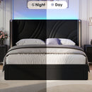 Modern Upholstered LED Bed Frame With Storage Drawers, Wingback Headboard, RGB Light