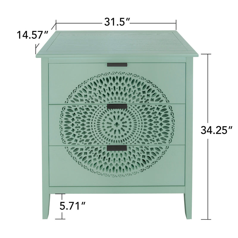 3 Drawer Storage Cabinet With Hollow Carved Design And Metal Handles, Chest For Entryway, Living Room Or Bedroom - Light Green