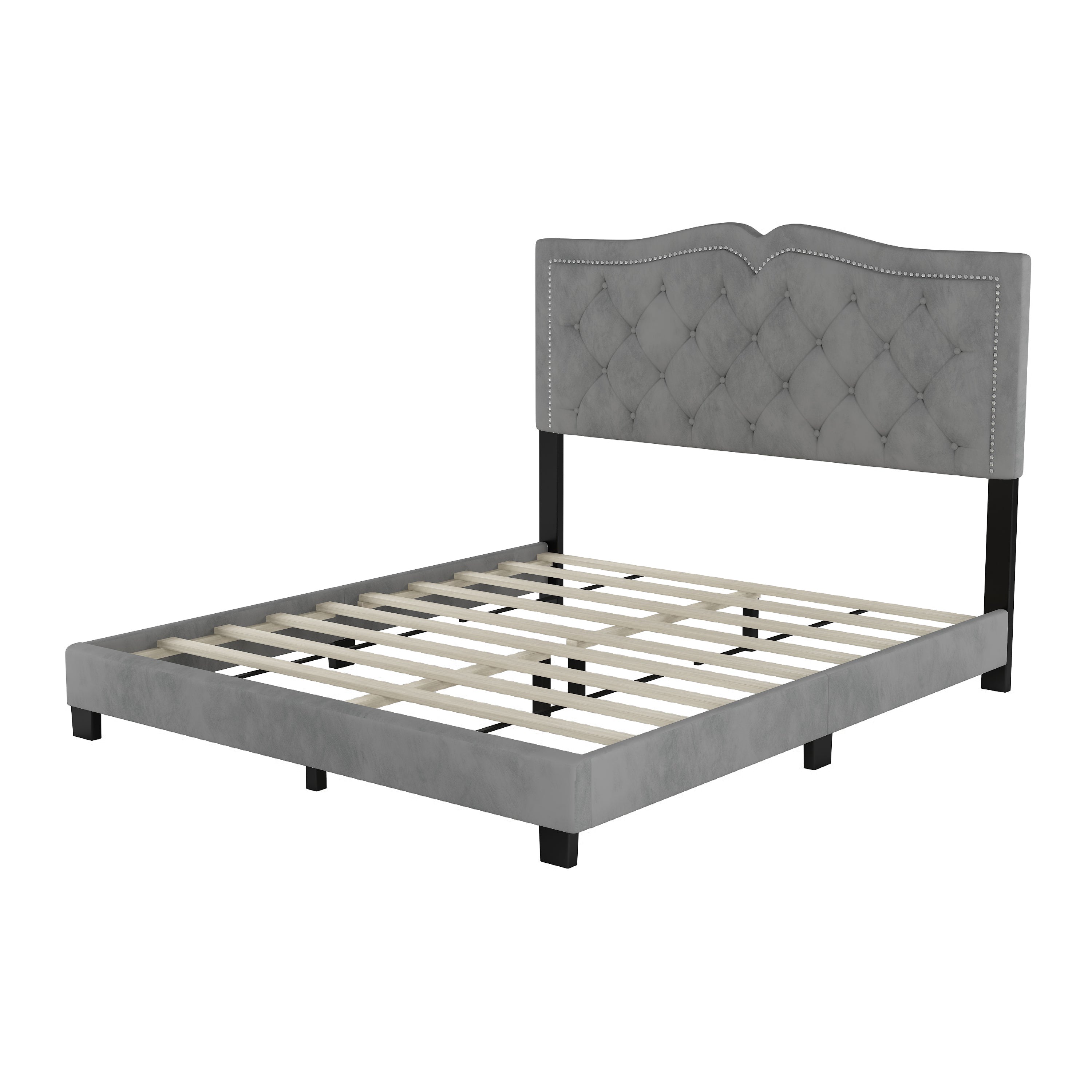 Queen Size Upholstered Bed Frame with Rivet Design, Modern Velvet Platform Bed with Tufted Headboard,Gray - Atlantic Fine Furniture Melbourne FL