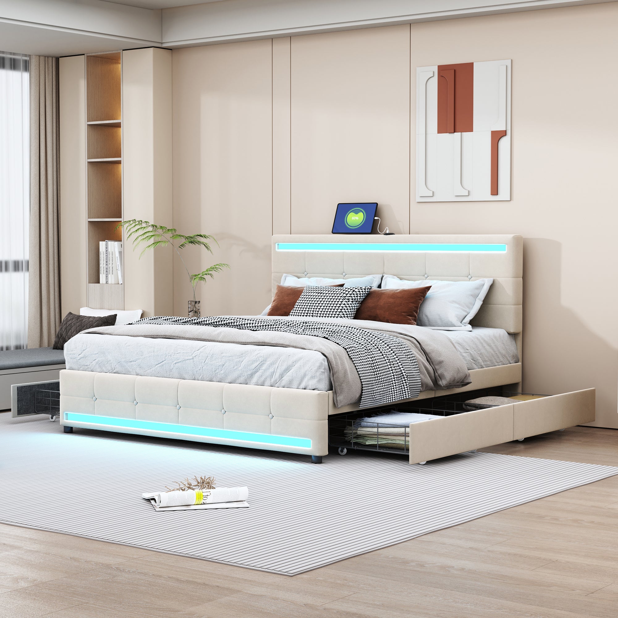 Queen Size Upholstered Bed with LED Light, 4 Drawers and a set of Type C and USB Ports, Velvet, Beige - Atlantic Fine Furniture Melbourne FL